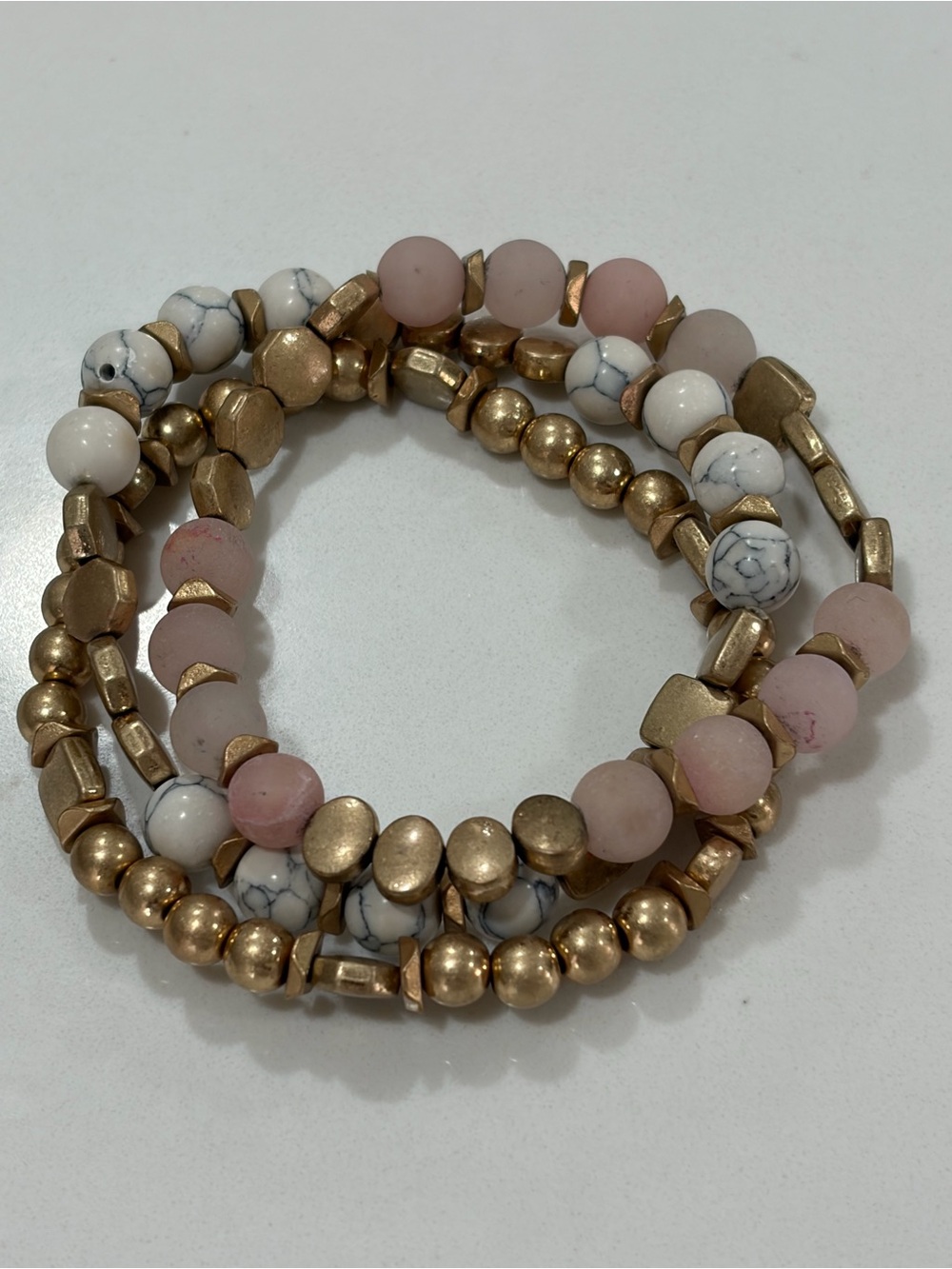 Gold, Pink & White Beaded Stretch Bracelet Set
